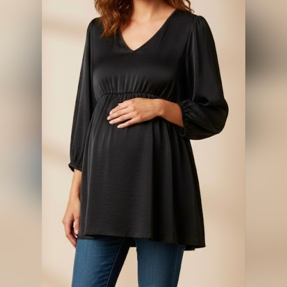 Isabel Maternity Elbow Sleeve Woven Back Cut Out Maternity Shirt BLACK SMALL